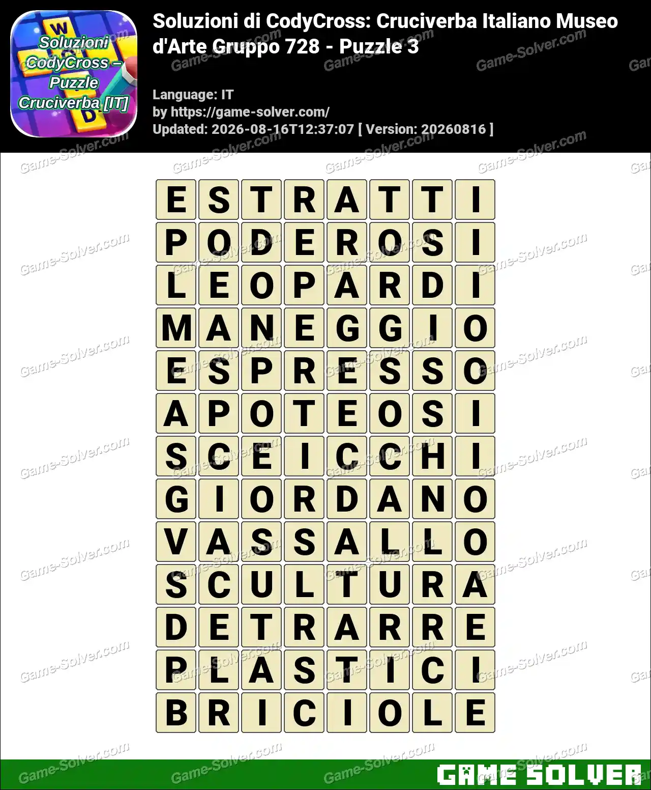 Soluzioni di CodyCross: Cruciverba Italiano Museo d’Arte Gruppo 728 – Puzzle 3